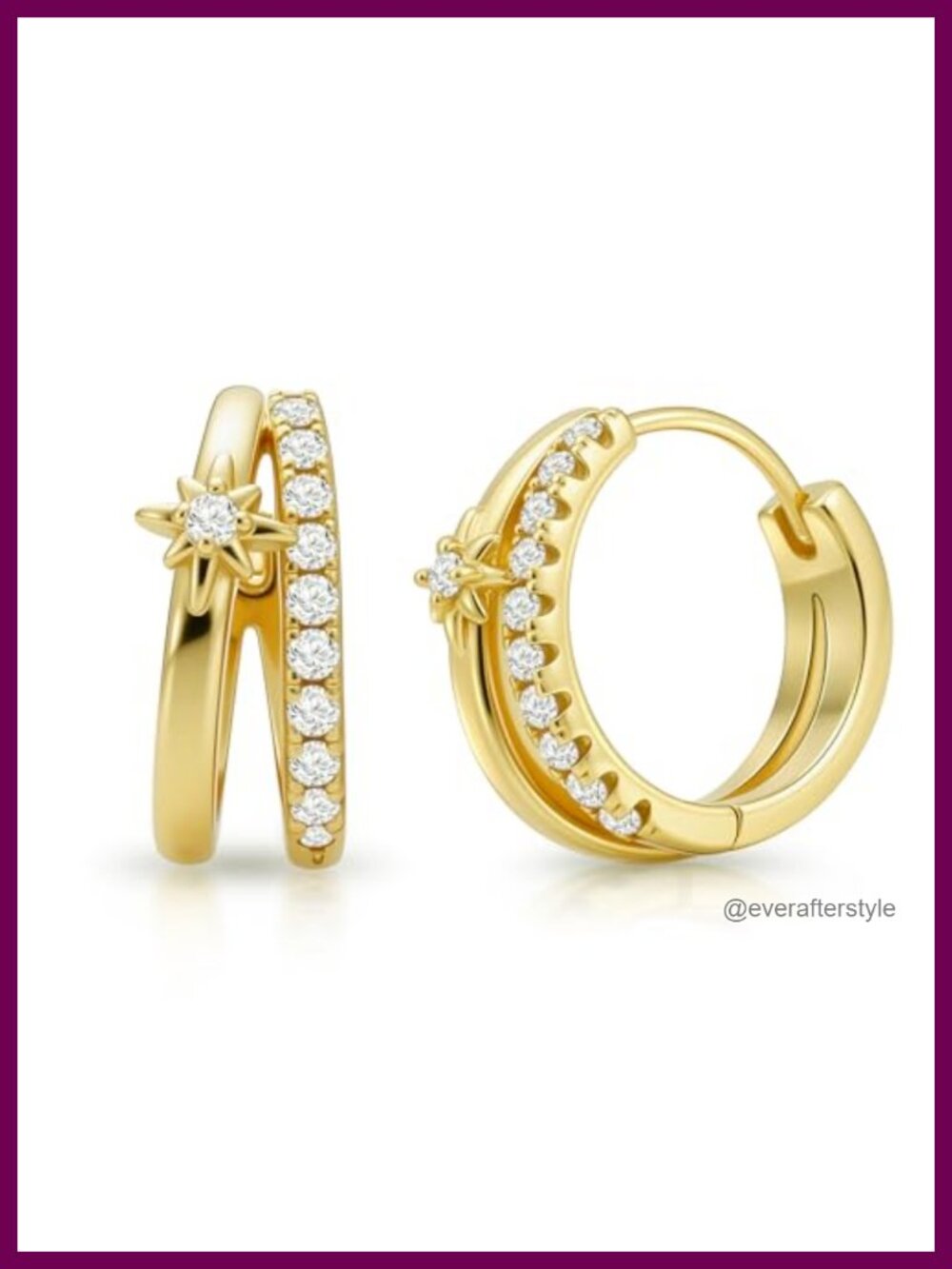 14K Gold Plated Double Hoop Earrings 20mm Split Huggies Celestial North Star
